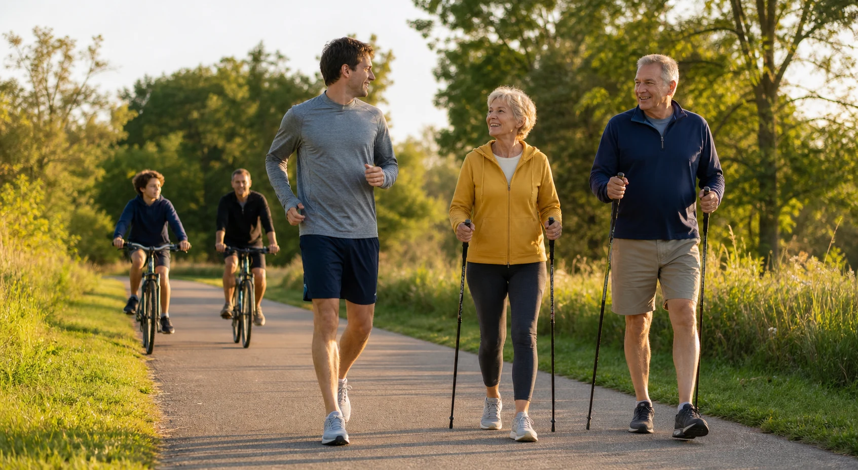 People from different generations enjoying a sunny greenway on foot and by bicycle