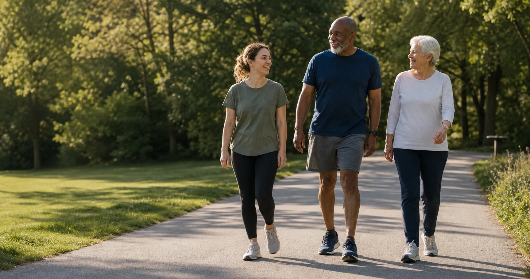 Adults across generations walking comfortably together on a sunlit park path